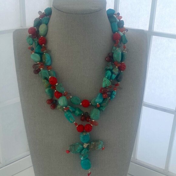 Western Native American Jewelry - Vintage Western Native Am. Turquoise, Beads, Sterling Findings Cross Necklace